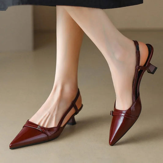 Summer Women's Dress Shoes Patent Leather Slip on Pointed Toe Sandals Buckle Slingbacks