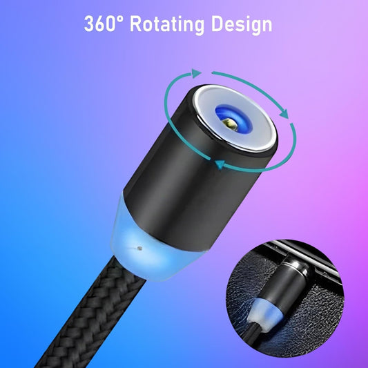 3-in-1 Magnetic Fast Charging Cable | Micro Usb, Type-c & Iphone | 360° Rotation | Led | 3a | Nylon Braided | Magnetic Charging Cables For Android & Ios | Charging Cable For Mobile Phone ( Random Color )
